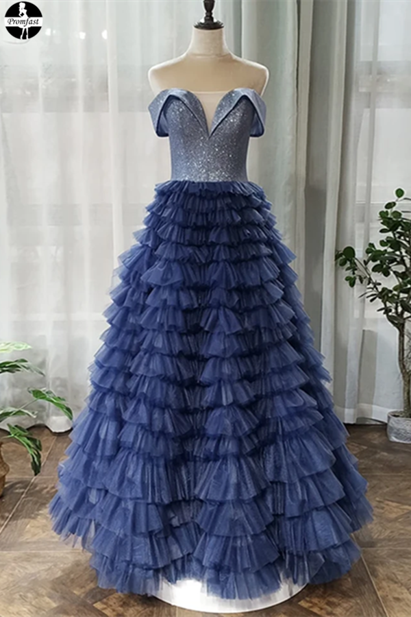blue long sleeve dress short Zapaka Women Navy Long Prom Dress A-Line Off the Shoulder Sweetheart Tulle  Formal Evening Dresses – ZAPAKA main image 0