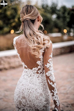 Promfast Stunning Lace Appliques See Though Mermaid/Turmpet Wedding Dress Backless Rustic Wedding with Sleeves Gowns PFW0535