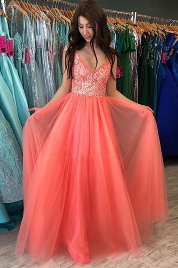 coral color prom dress Promfast A Line V Neck Backless Coral Lace Long Prom Dresses, Formal D