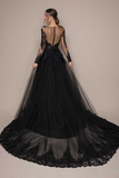 Promfast Black Evening Dresses, Deep V Neck Lace Appliqued Sweep Train Long Sleeve Prom Dress PFP2000
