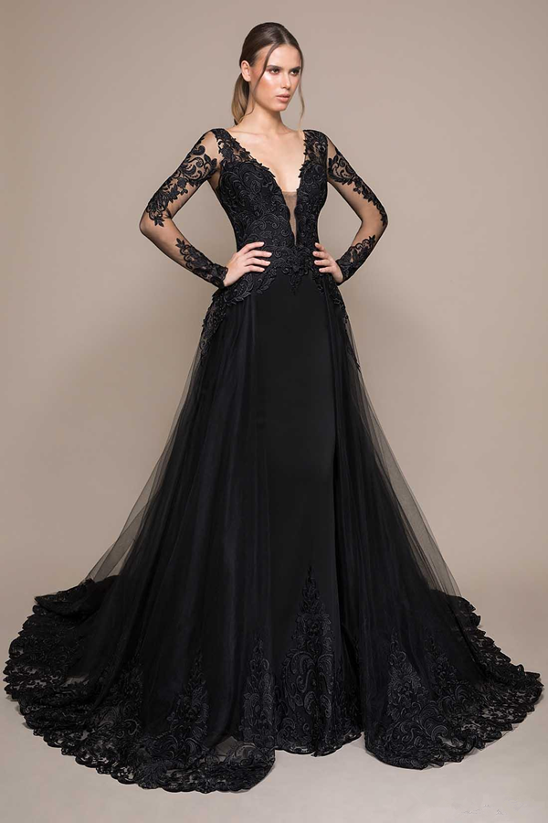 Promfast Black Evening Dresses, Deep V Neck Lace Appliqued Sweep Train