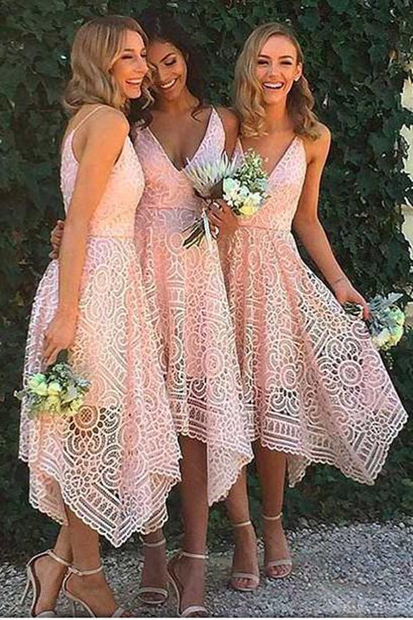 Promfast Pink V neck Straps Tea Length Asymmetrical Lace Bridesmaid Dress PFB0160