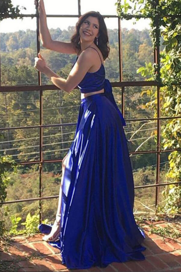 Promfast Cute Two Piece Floor Length Royal Blue Prom Dresses With Fron