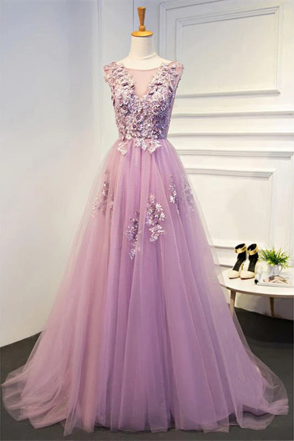 Promfast Chic Prom Dresses A line Scoop Short Train Lilac Prom Dress E