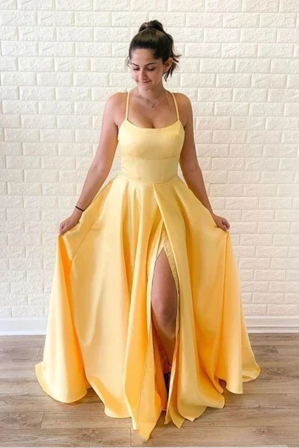 Promfast Yellow Sleeveless Split Long Prom Dresses, Sweep Train Evenin