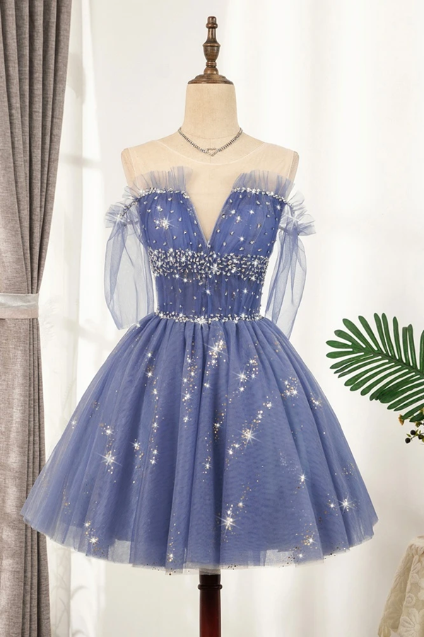 Promfast Flowy Cute A line Blue Homecoming Dresses Short Beading Prom