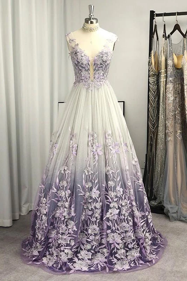 Promfast A Line Princess V neck Tulle Applique Sleeveless Floor Length V Back Prom Dresses PFP2055