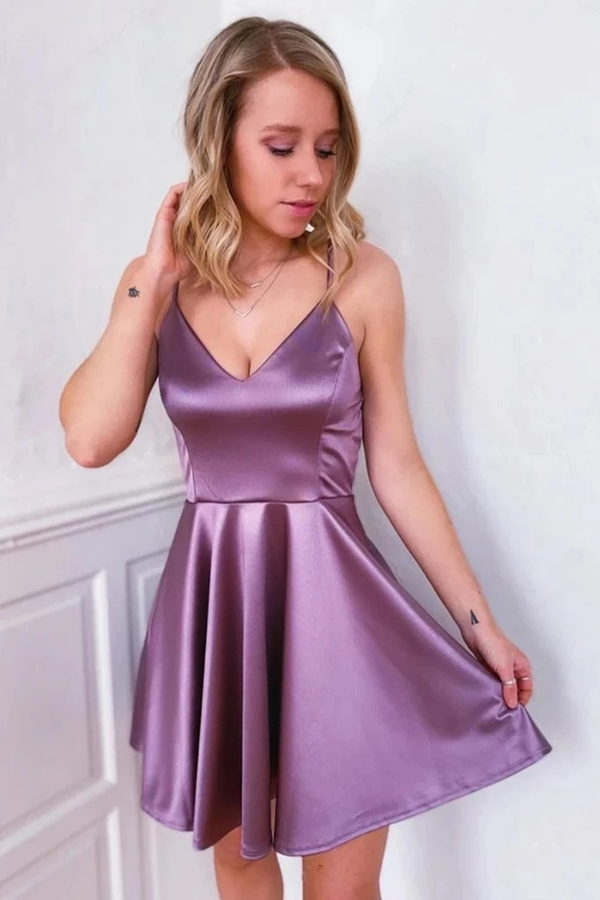 open lace back dress A-Line Off Shoulder Tulle Lace Purple Short Prom Dress, Cute Purple Homecoming Dress US 6 / Purple main image 0