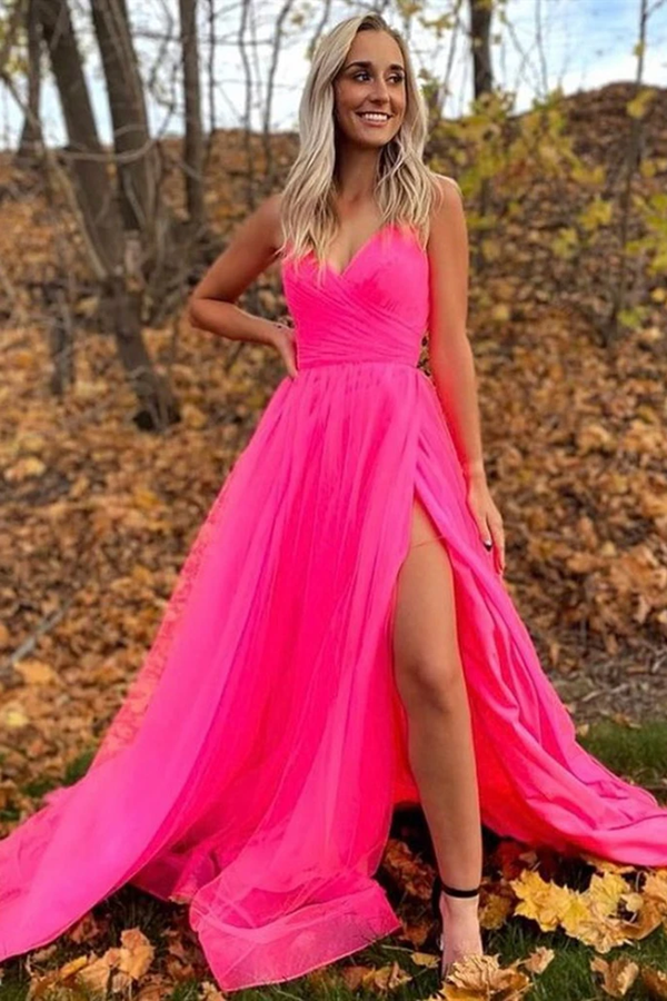 Promfast A Line V Neck Hot Pink Prom Dresses With Slit, Long Formal Ev