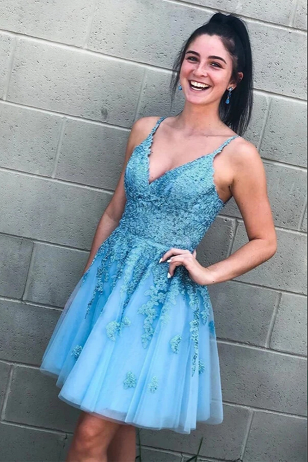 Promfast Light Blue Lace A Line V Neck Homecoming Dresses, Graduation