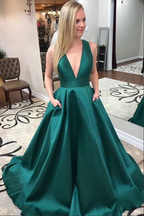 Promfast Dark Green Satin A Line V Neck Prom Dresses With Pockets, Eve