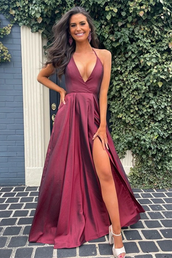 Promfast A Line V Neck Open Back Burgundy Long Prom Dresses with High Promfast A Line V Neck Open Back Burgundy Long Prom Dresses with High