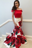 Promfast Mermaid Prom Dresses Off the shoulder Red Floral Two Pieces Prom Dress Evening Dress PFP2190
