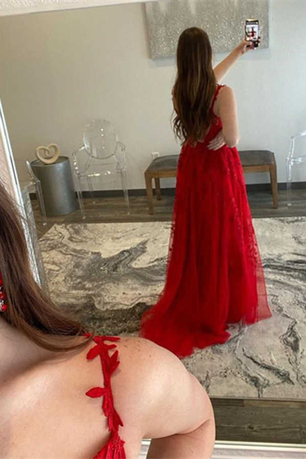 Promfast A Line V Neck Red Lace Long Prom Dresses, Red Lace Long Forma