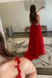 Promfast A Line V Neck Red Lace Long Prom Dresses, Red Lace Long Formal Graduation Dresses PFP2246