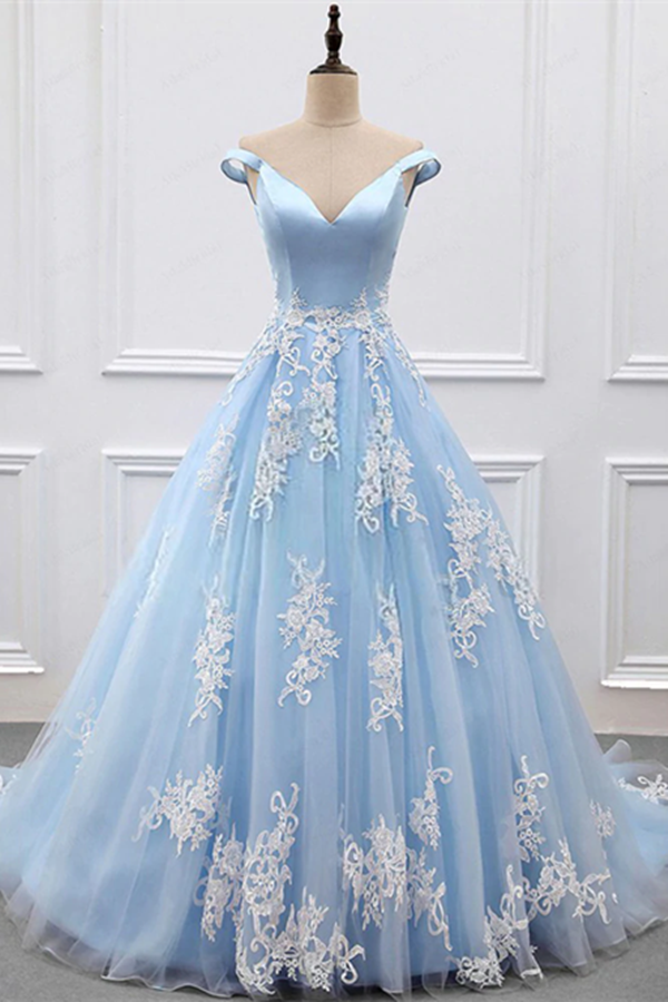 Promfast Chic A line V neck Light Sky Blue Tulle Applique Modest Prom Promfast Chic A line V neck Light Sky Blue Tulle Applique Modest Prom