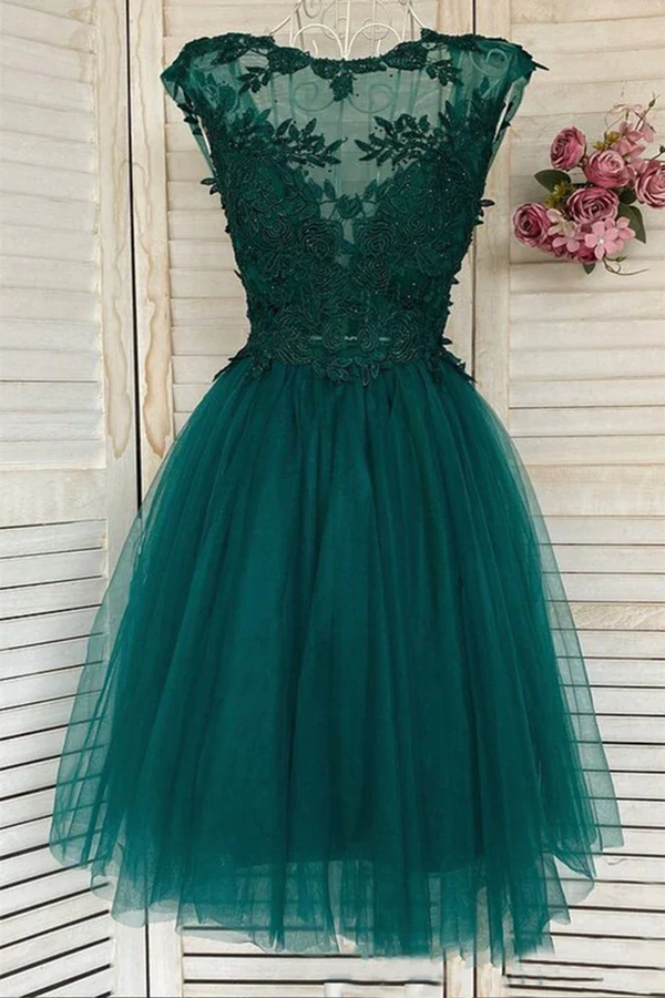 Promfast Round Neck Green Lace Short Prom Homecoming Formal Graduation