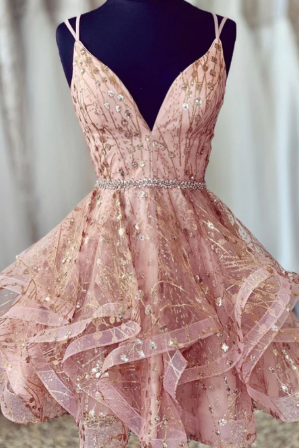 Promfast V Neck Short Champagne Lace Prom Dresses with Corset Back, Sh Promfast V Neck Short Champagne Lace Prom Dresses with Corset Back, Sh
