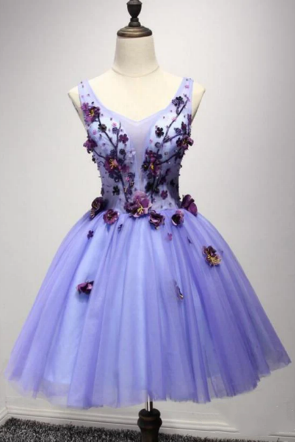 Promfast Short Lavender Homecoming Dresses Flower Applique Knee Length
