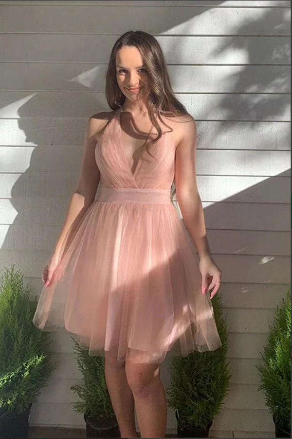 Promfast Pink A line Tulle Halter Backless Homecoming Dresses, Short P Promfast Pink A line Tulle Halter Backless Homecoming Dresses, Short P