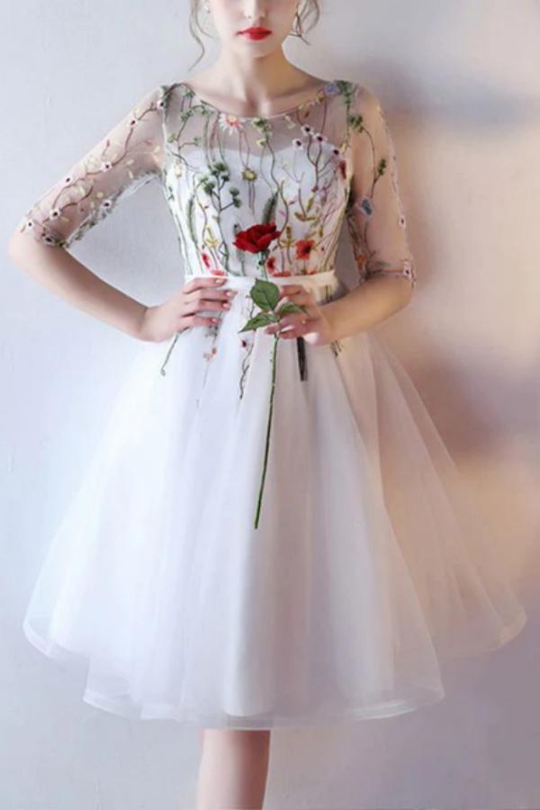 Promfast New Arrival Scoop Short Prom Dress With Floral Short Sleeve H