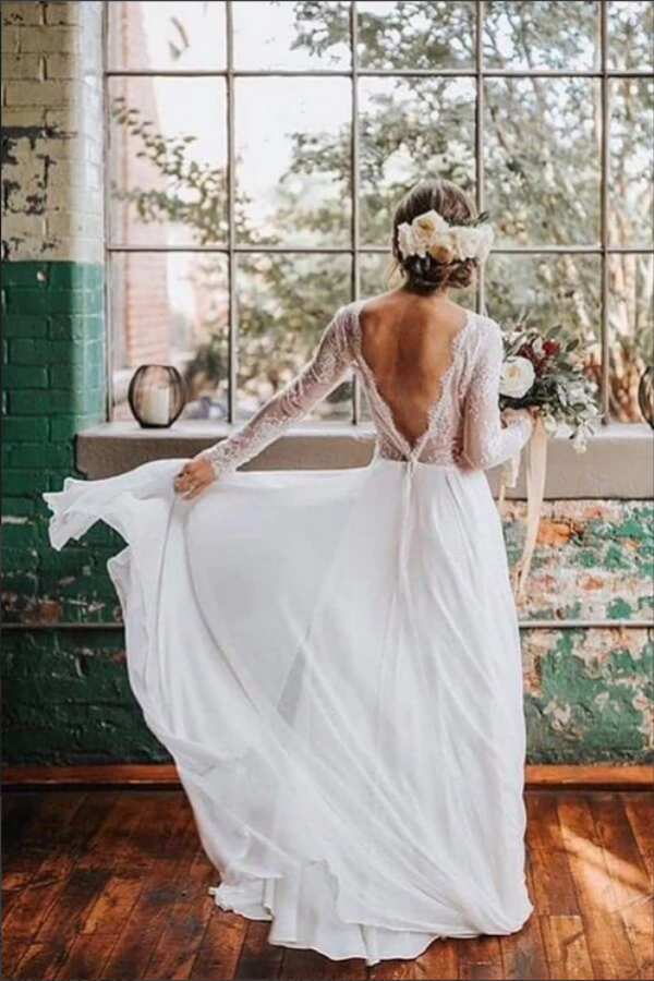 strapless open back dress Chiffon A Line Long Sleeves Open Back Lace Wedding Dress, Bridal Dress –  Promfast
