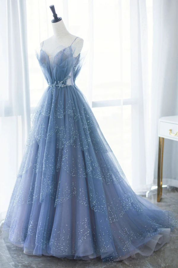 Shiny Tulle V Neck Blue Long Prom Dress, Blue Tulle Formal Evening Dre Promfast Shiny Tulle V Neck Blue Long Prom Dress, Blue Tulle Formal Evening Dre Promfast