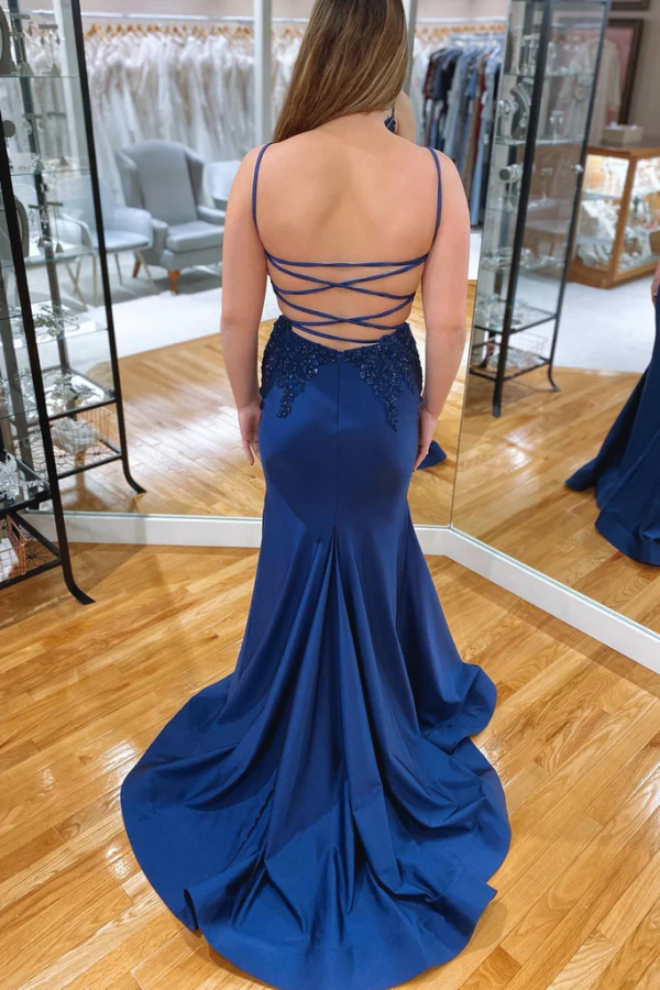 Navy Blue Mermaid V Neckline Rhinestone Long Prom Dress PFP2364 – Promfast