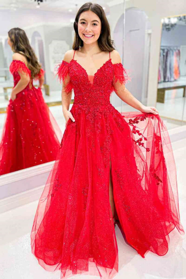 fitted lace wedding dress V Neck Off Shoulder Red Lace Long Prom Dress with High Slit, Red Lace –  Promfast