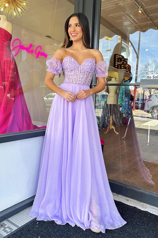 slim fit dress slacks A Line off the shoulder Applique Tulle Floor Length Prom Dress – Sunnderly main image 1