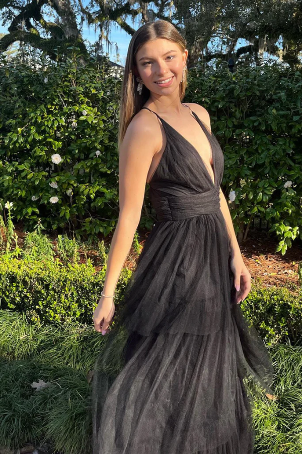 Straps Black Mesh Cutout Sequined Layered Long Prom Dress