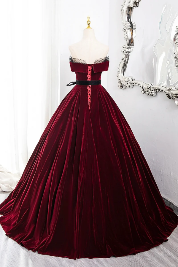 Burgundy Velvet Long Formal Dress, Off the Shoulder Evening Party Dres –  Promfast