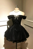 Black Velvet Short Prom Dress with Bow, A Line Mini Party Dress PFH0559