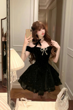 Black Velvet Short Prom Dress with Bow, A Line Mini Party Dress PFH0559
