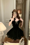 Black Velvet Short Prom Dress with Bow, A Line Mini Party Dress PFH0559