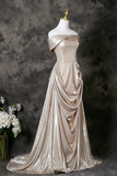 A Line Off Shoulder Champagne Long Prom Dress, Formal Dress PFP2884