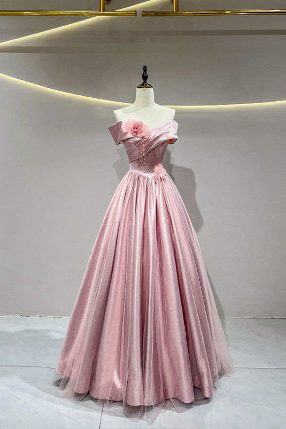 Pink A Line Satin Floor Length Prom Dress, Beautiful Off the Shoulder Evening Party Dress PFP2886