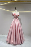 Pink A Line Satin Floor Length Prom Dress, Beautiful Off the Shoulder Evening Party Dress PFP2886