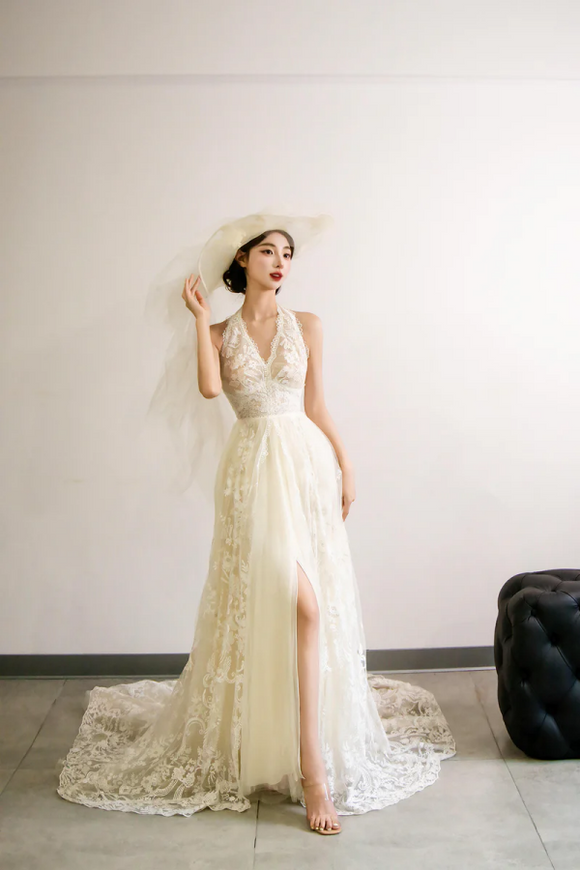 Elegant V Neck Tulle Lace Long Prom Dress, Ivory A Line Formal Evening Dress PFW0652