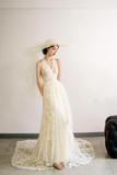 Elegant V Neck Tulle Lace Long Prom Dress, Ivory A Line Formal Evening Dress PFW0652
