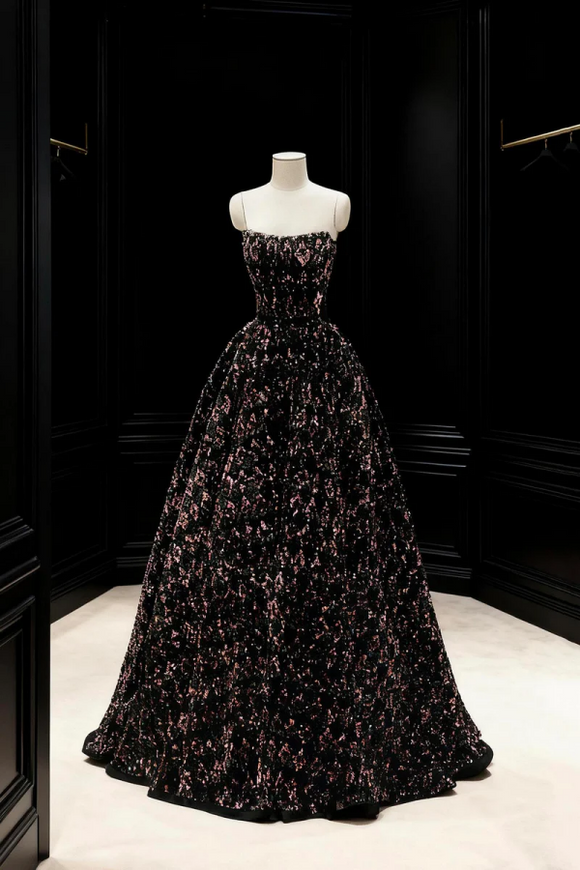 Black floral evening gown on a mannequin against a dark background