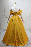 A Line Off Shoulder Satin Yellow Long Prom Dress, Formal Dress PFP2905