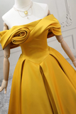 A Line Off Shoulder Satin Yellow Long Prom Dress, Formal Dress PFP2905