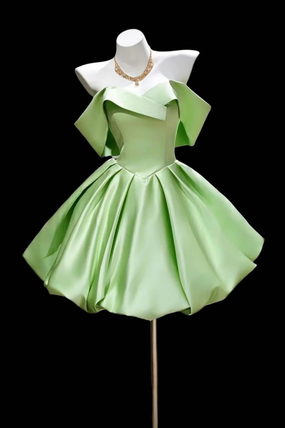 Light Green Off The Shoulder Satin Mini Prom Dress, A Line Elegant Ruffle Party Gown PFH0564