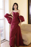 A Line Taffeta Puff Sleeves Burgundy Long Prom Dress, Formal Dress PFP2911