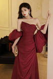 A Line Taffeta Puff Sleeves Burgundy Long Prom Dress, Formal Dress PFP2911