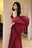 A Line Taffeta Puff Sleeves Burgundy Long Prom Dress, Formal Dress PFP2911