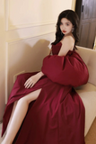 A Line Taffeta Puff Sleeves Burgundy Long Prom Dress, Formal Dress PFP2911