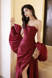 A Line Taffeta Puff Sleeves Burgundy Long Prom Dress, Formal Dress PFP2911