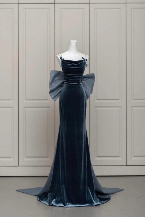 Blue Velvet Blue Prom Dress, Mermaid Backless Evening Party Dress with – Promfast